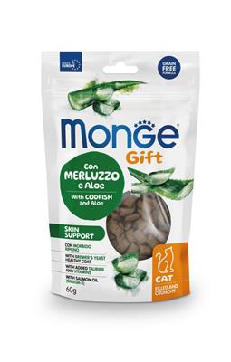 MONGE GIFT CAT FILLED CRUNCHY SKIN SUPPORT MERLUZZO/ALOE GR 60